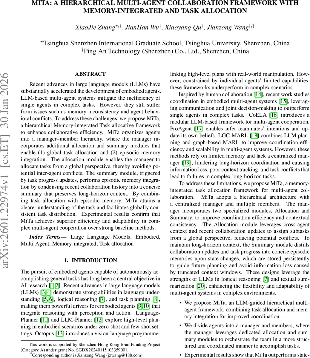 MiTa: A Hierarchical Multi-Agent Collaboration Framework with Memory-integrated and Task Allocation