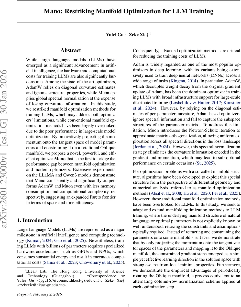 Mano: Restriking Manifold Optimization for LLM Training