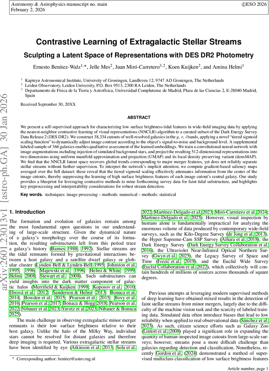 Contrastive Learning of Extragalactic Stellar Streams: Sculpting a Latent Space of Representations with DES DR2 Photometry