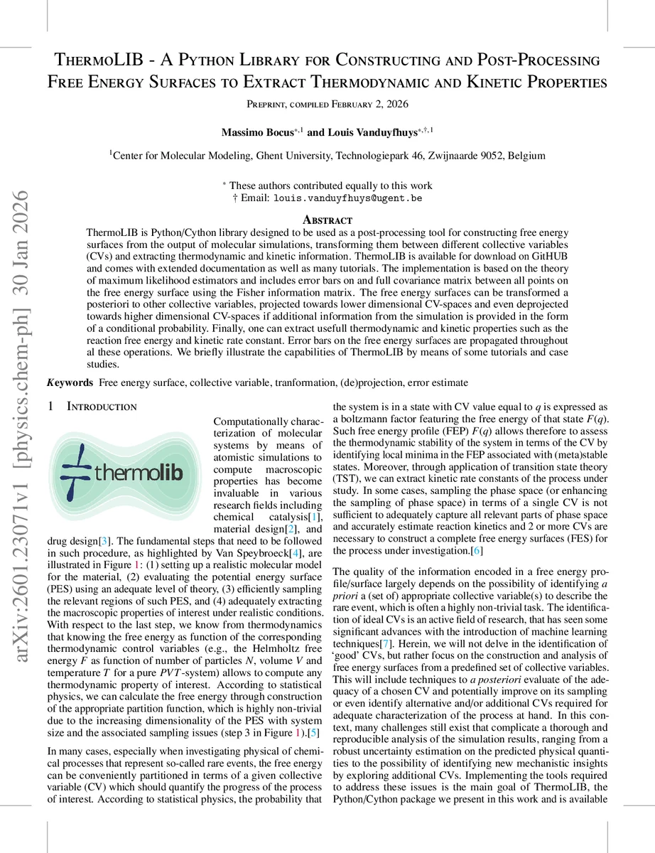 ThermoLIB -- A Python Library for Constructing and Post-Processing Free Energy Surfaces to Extract Thermodynamic and Kinetic Properties