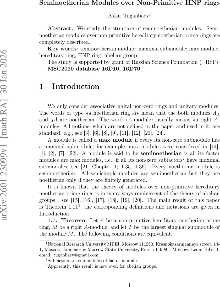 Seminoetherian Modules over Non-Primitive HNP rings