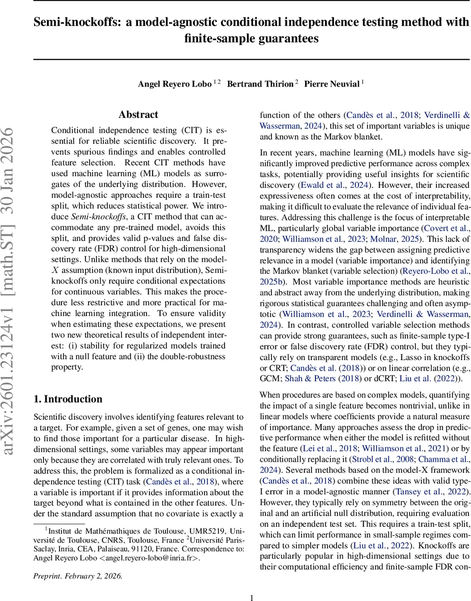 Semi-knockoffs: a model-agnostic conditional independence testing method with finite-sample guarantees