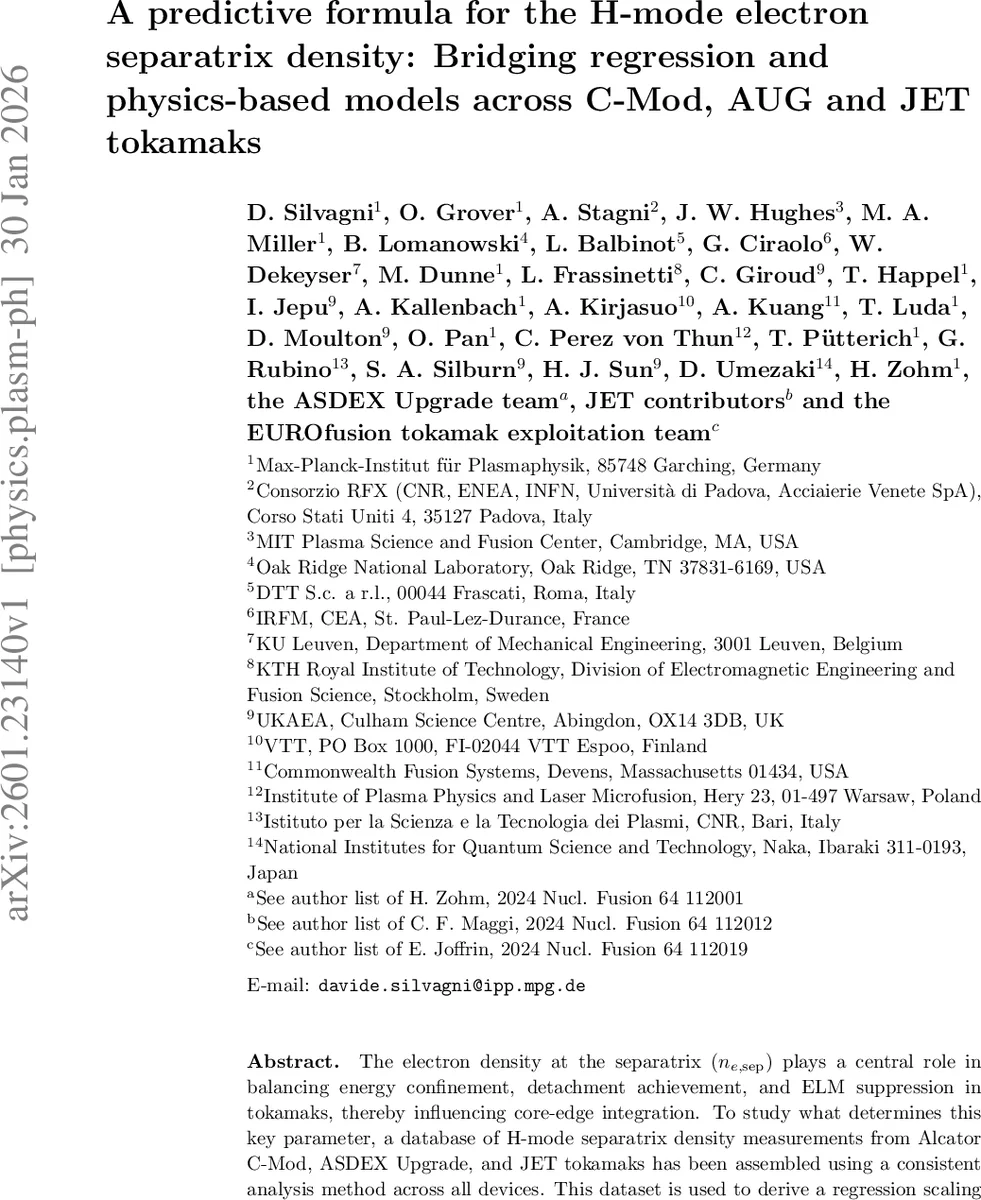 A predictive formula for the H-mode electron separatrix density: Bridging regression and physics-based models across C-Mod, AUG and JET tokamaks