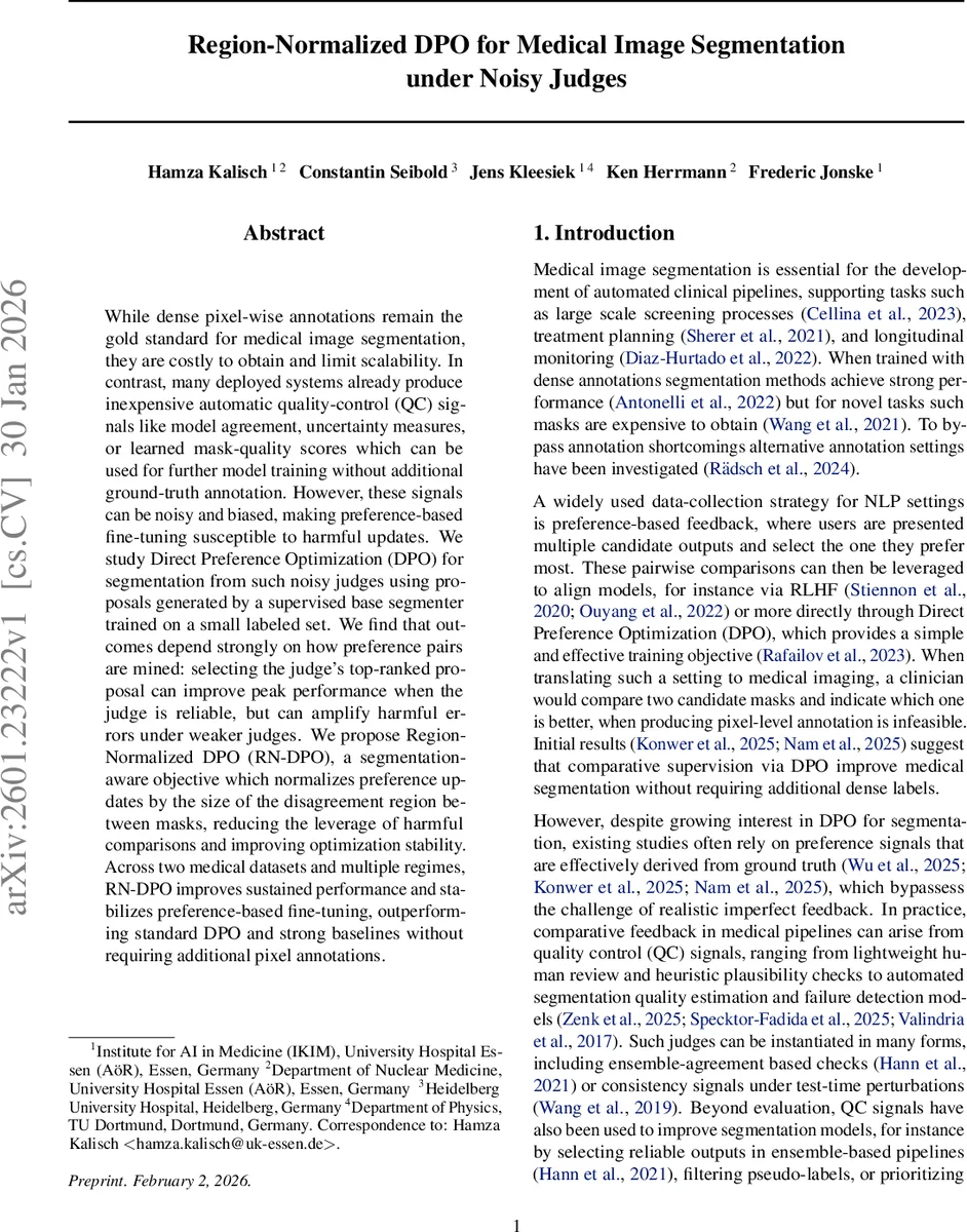 Region-Normalized DPO for Medical Image Segmentation under Noisy Judges