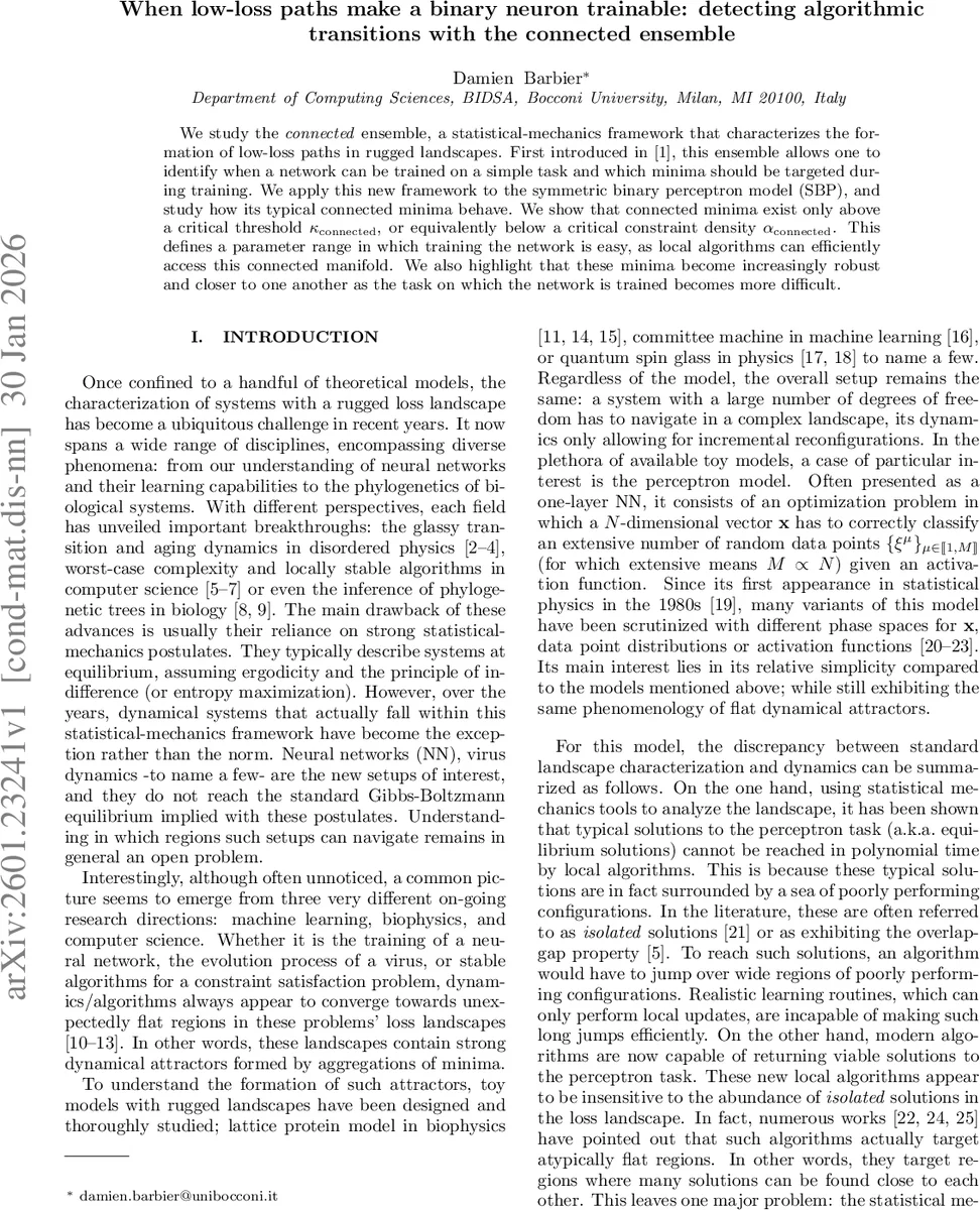 When low-loss paths make a binary neuron trainable: detecting algorithmic transitions with the connected ensemble