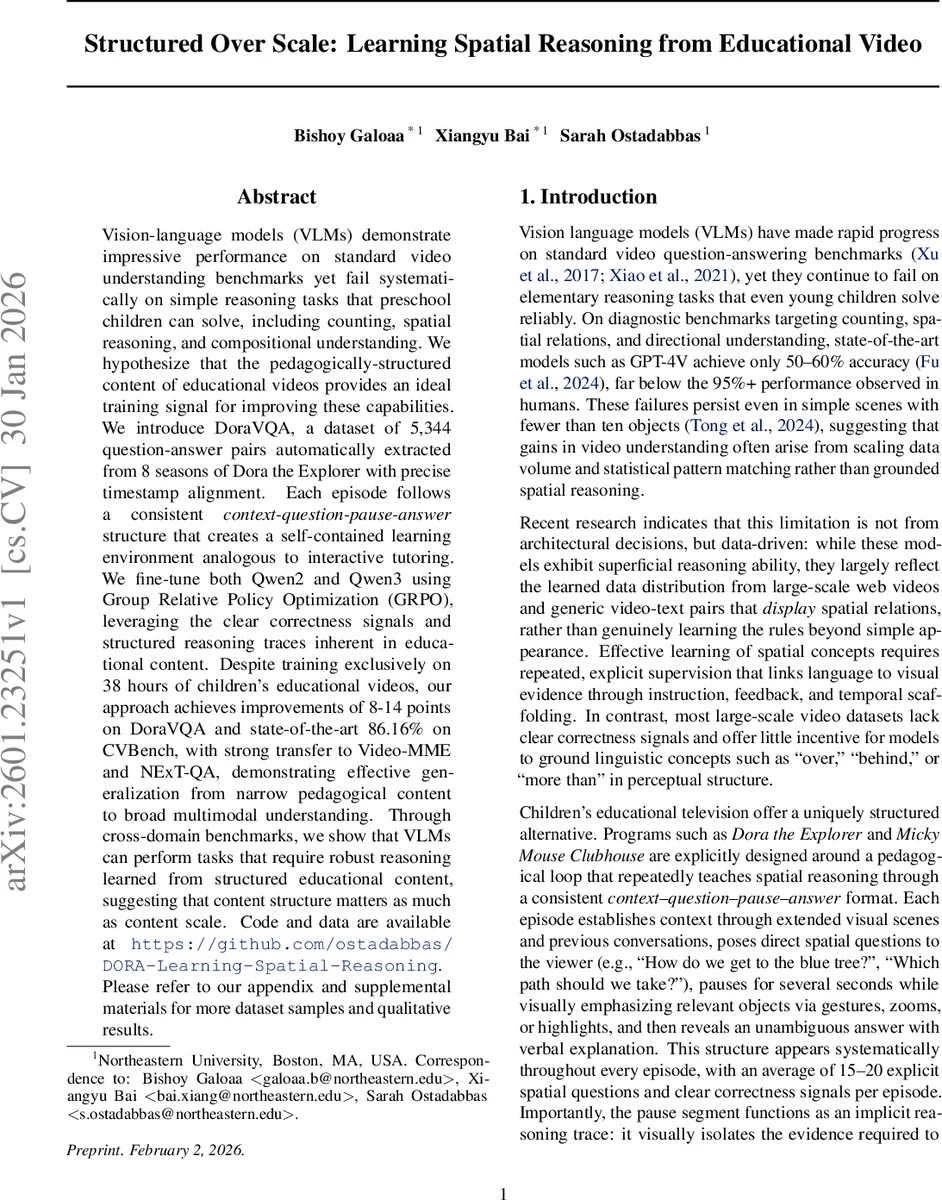 Structured Over Scale: Learning Spatial Reasoning from Educational Video