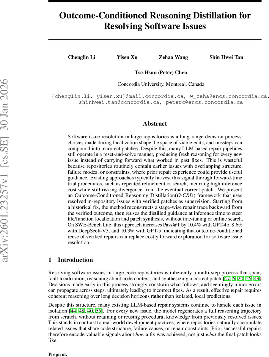 Outcome-Conditioned Reasoning Distillation for Resolving Software Issues