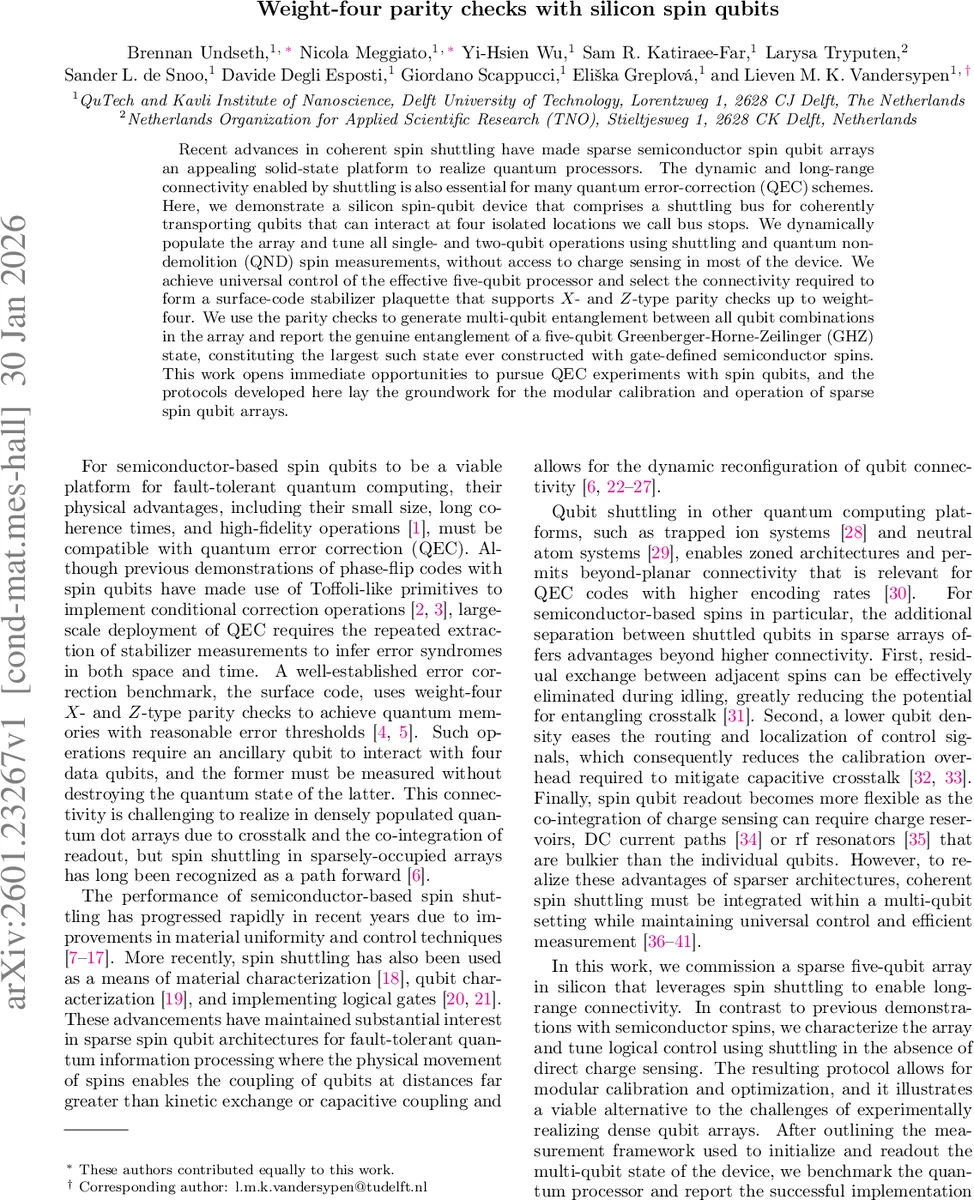 Weight-four parity checks with silicon spin qubits