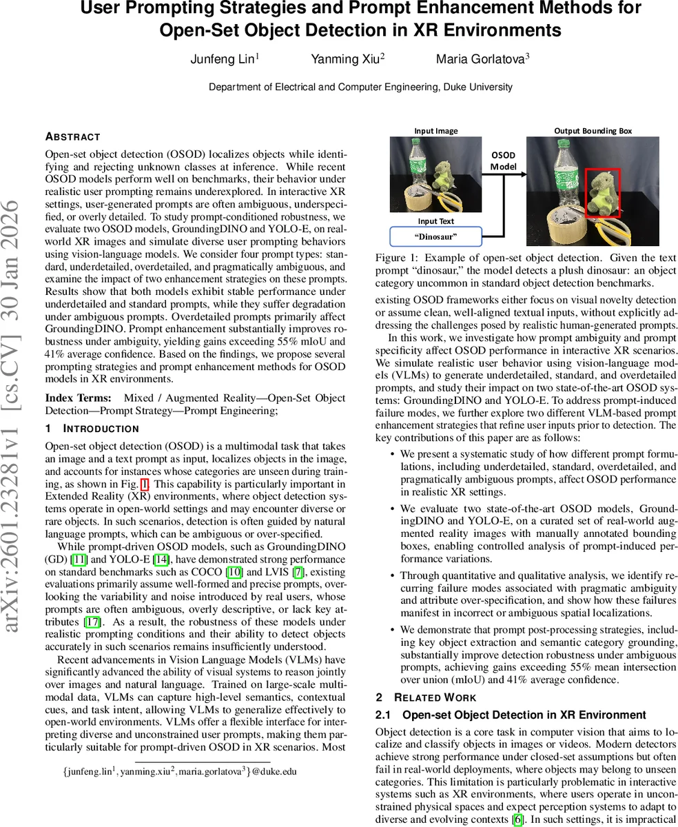 User Prompting Strategies and Prompt Enhancement Methods for Open-Set Object Detection in XR Environments