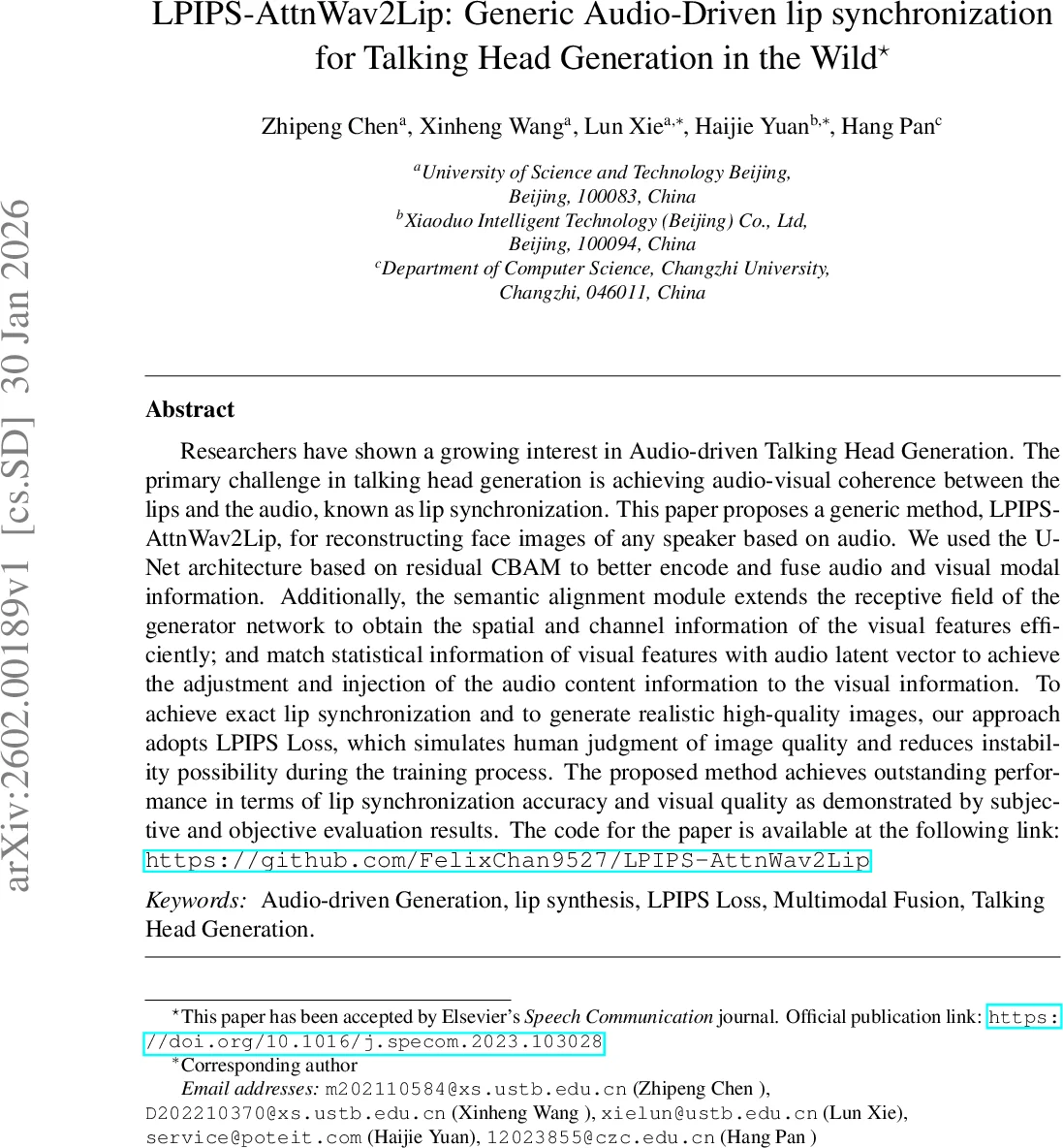 LPIPS-AttnWav2Lip: Generic Audio-Driven lip synchronization for Talking Head Generation in the Wild
