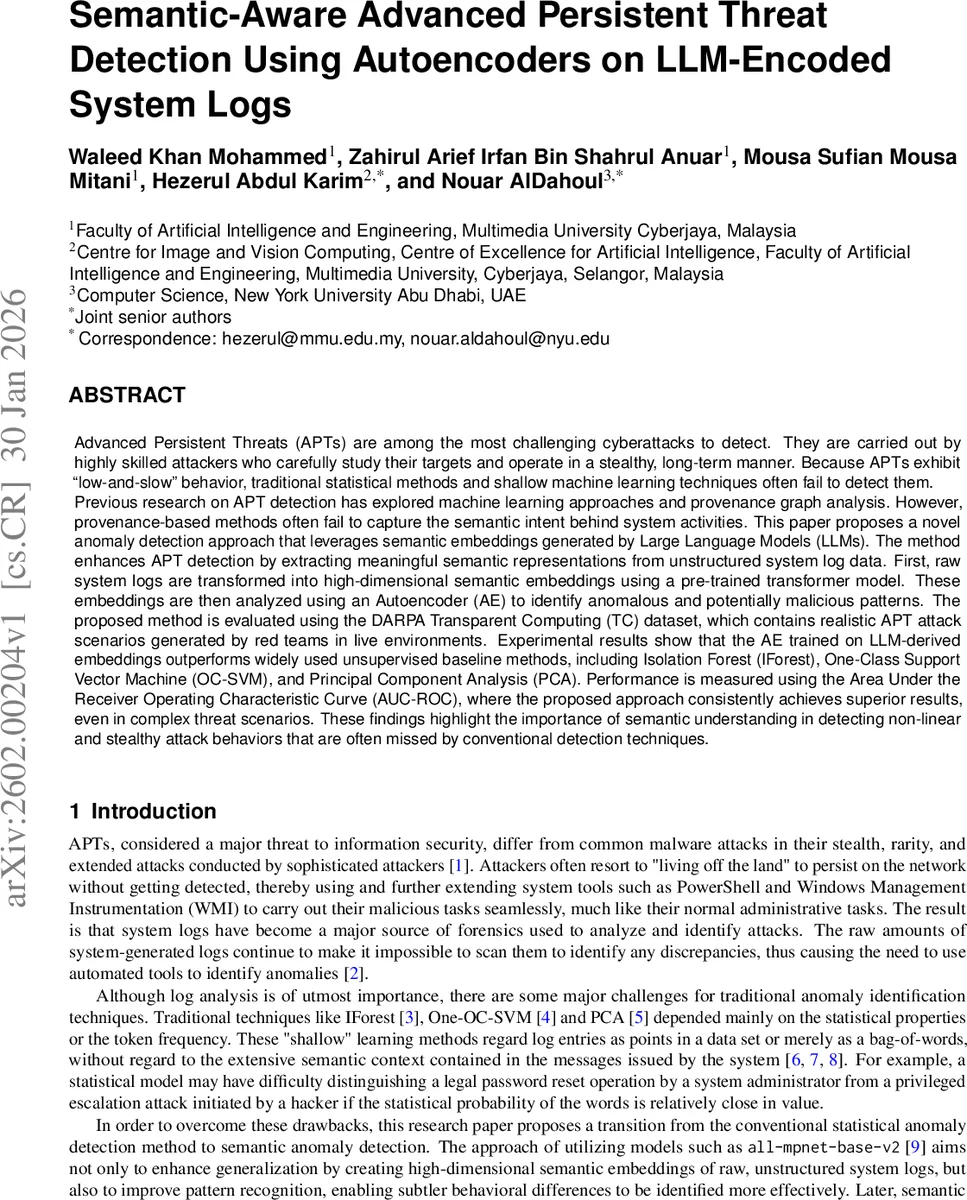 Semantic-Aware Advanced Persistent Threat Detection Using Autoencoders on LLM-Encoded System Logs