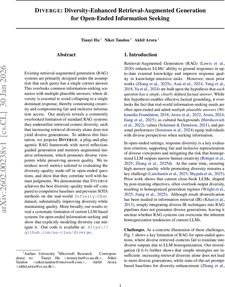 DIVERGE: Diversity-Enhanced RAG for Open-Ended Information Seeking