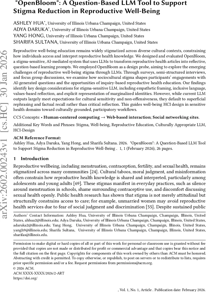 "OpenBloom": A Question-Based LLM Tool to Support Stigma Reduction in Reproductive Well-Being