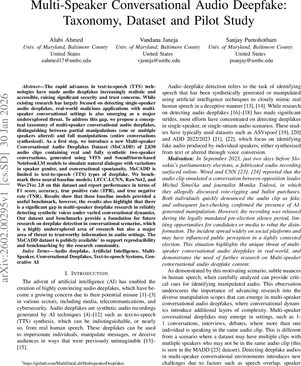 Multi-Speaker Conversational Audio Deepfake: Taxonomy, Dataset and Pilot Study