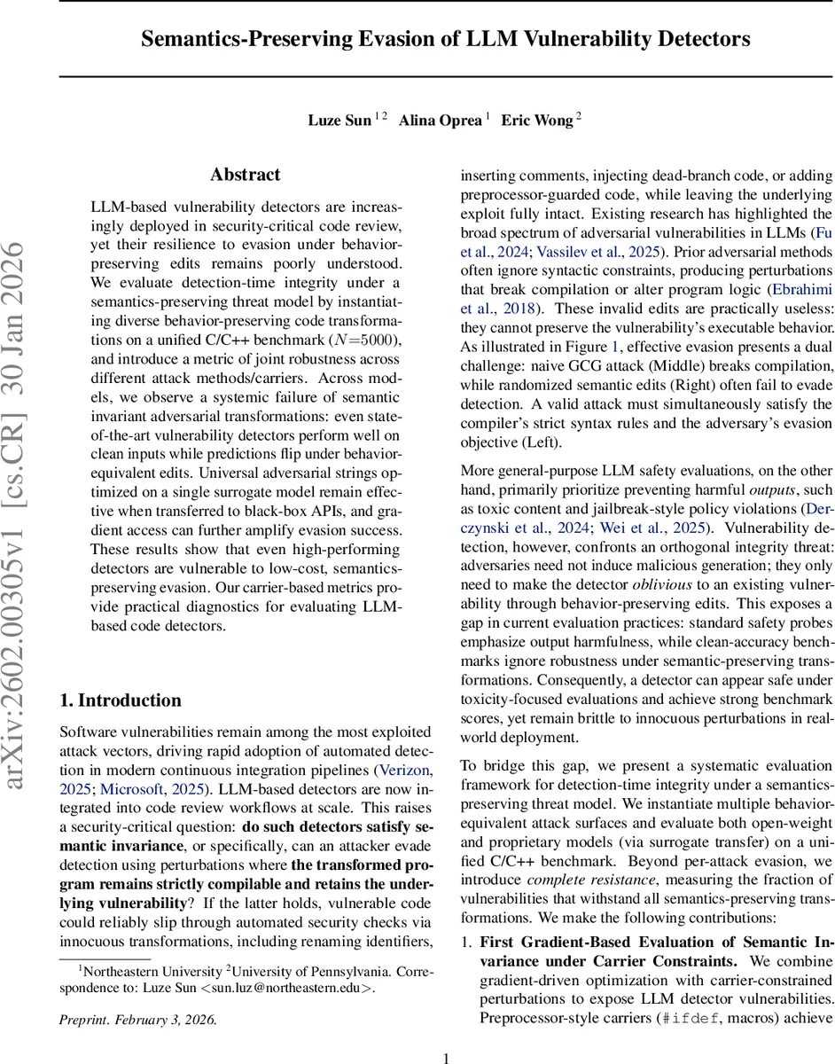 Semantics-Preserving Evasion of LLM Vulnerability Detectors