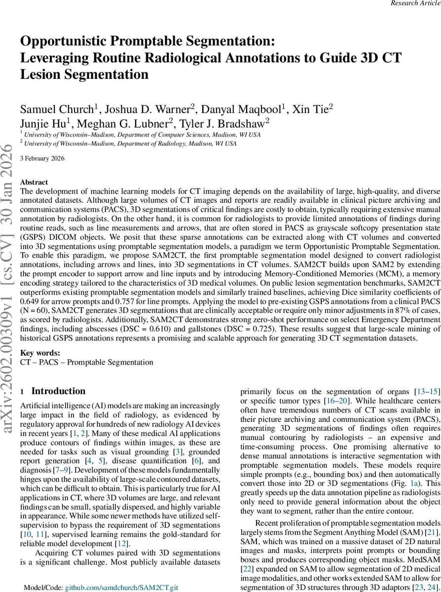 Opportunistic Promptable Segmentation: Leveraging Routine Radiological Annotations to Guide 3D CT Lesion Segmentation