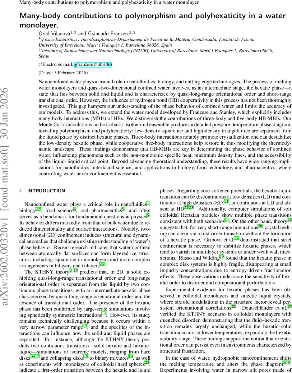 Many-body contributions to polymorphism and polyhexaticity in a water monolayer