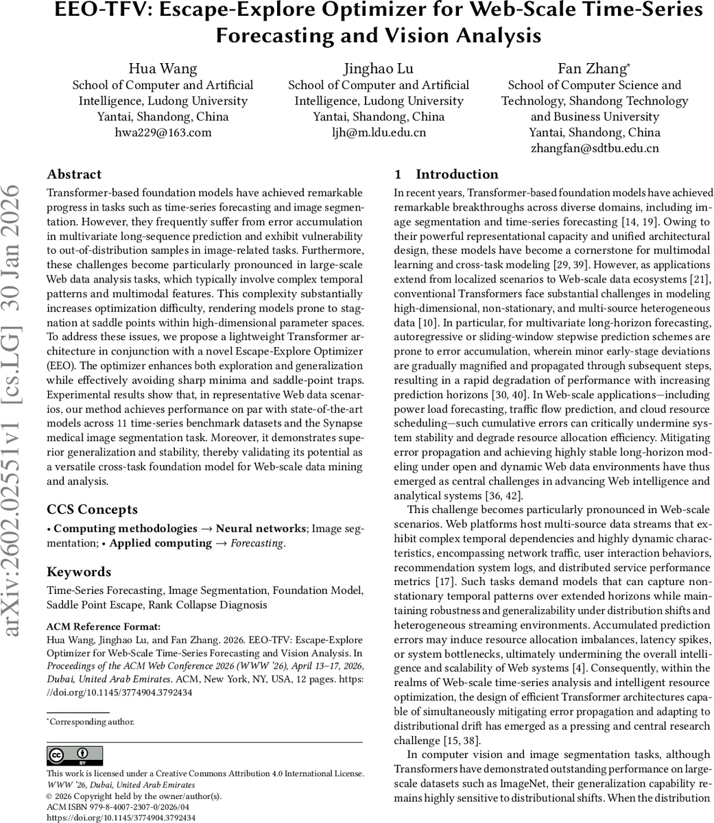 EEO-TFV: Escape-Explore Optimizer for Web-Scale Time-Series Forecasting and Vision Analysis