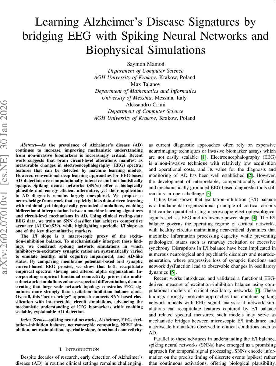 Learning Alzheimer's Disease Signatures by bridging EEG with Spiking Neural Networks and Biophysical Simulations