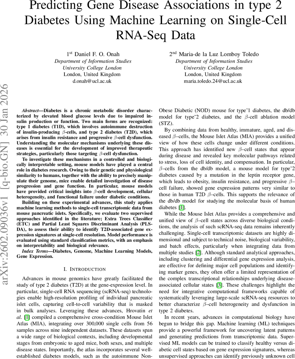 Predicting Gene Disease Associations in Type 2 Diabetes Using Machine Learning on Single-Cell RNA-Seq Data