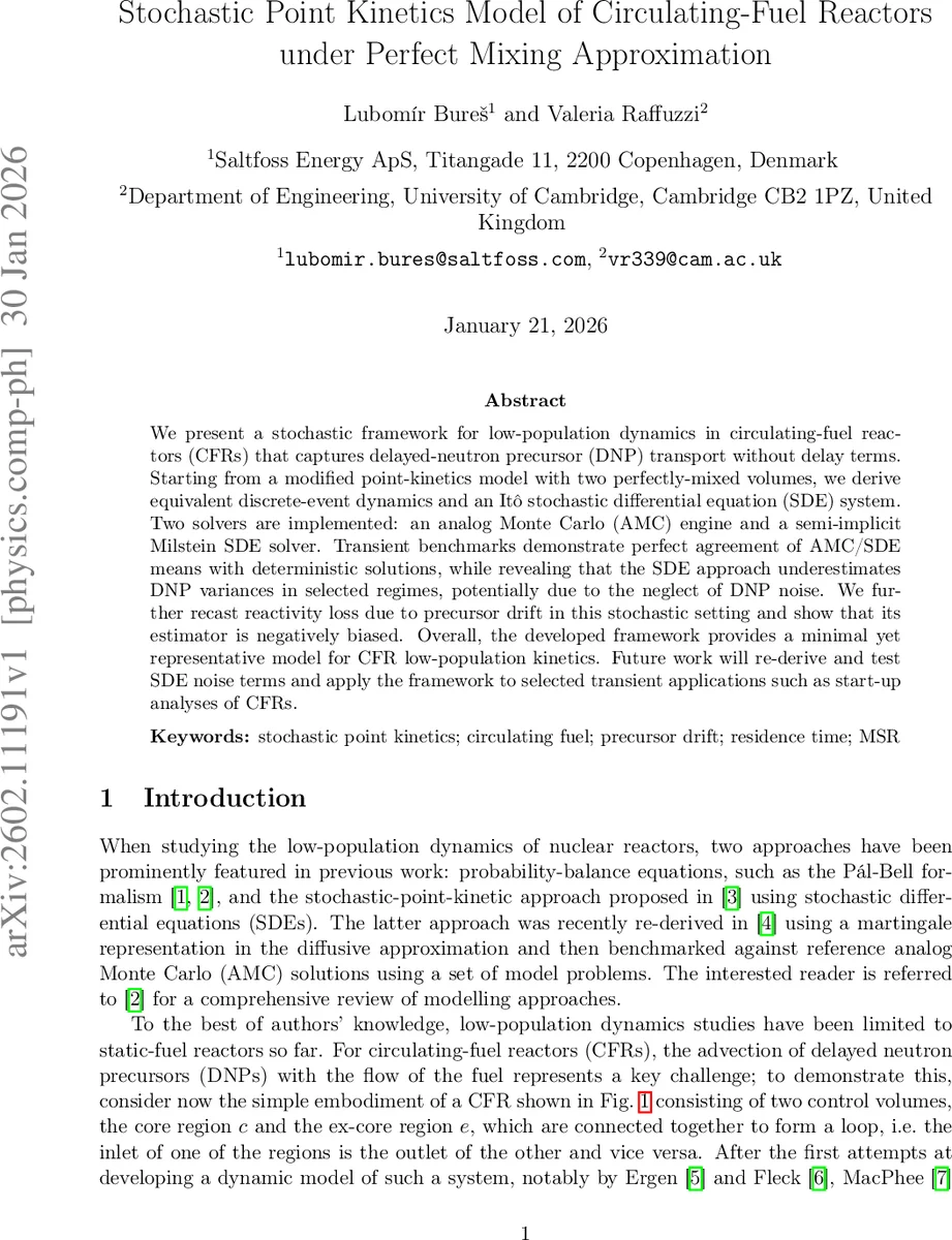 Stochastic Point Kinetics Model of Circulating-Fuel Reactors under Perfect Mixing Approximation