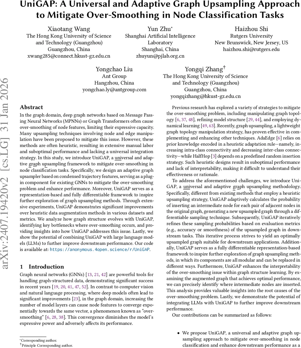 UniGAP: A Universal and Adaptive Graph Upsampling Approach to Mitigate Over-Smoothing in Node Classification Tasks
