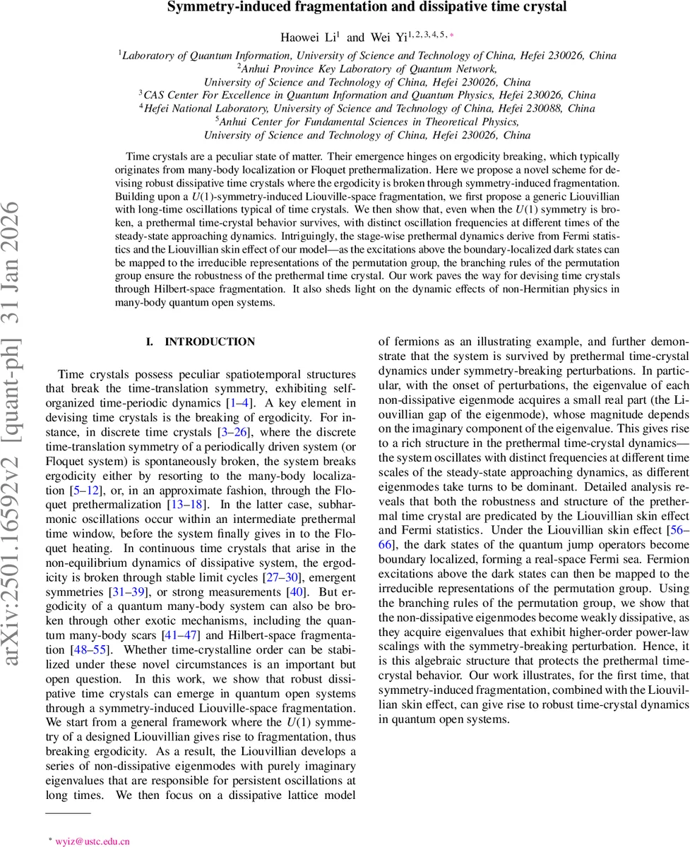 Symmetry-induced fragmentation and dissipative time crystal
