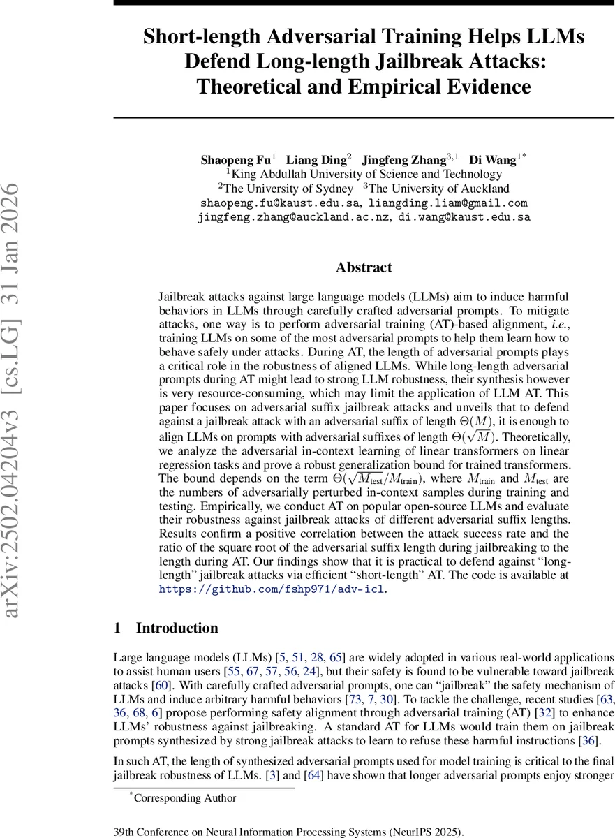 Short-length Adversarial Training Helps LLMs Defend Long-length Jailbreak Attacks: Theoretical and Empirical Evidence