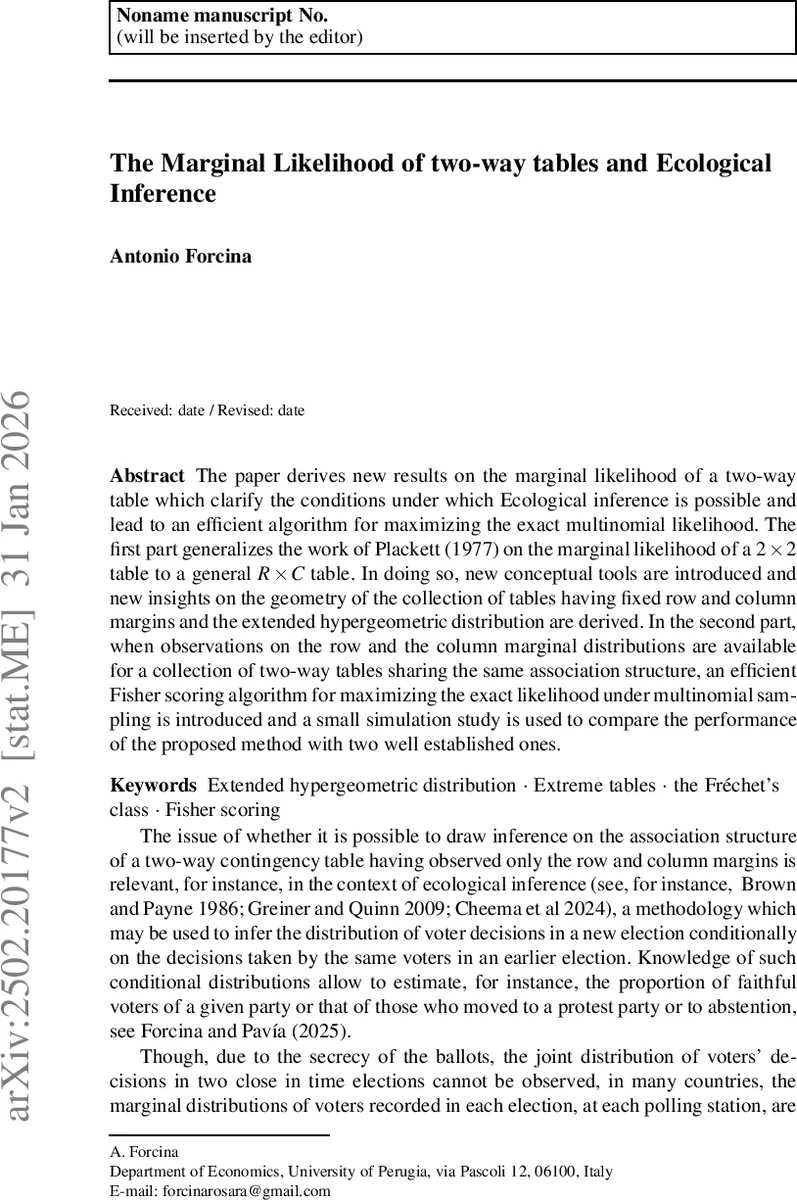 The Marginal Likelihood of two-way tables and Ecological Inference