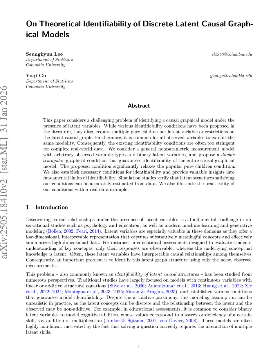 On Theoretical Identifiability of Discrete Latent Causal Graphical Models