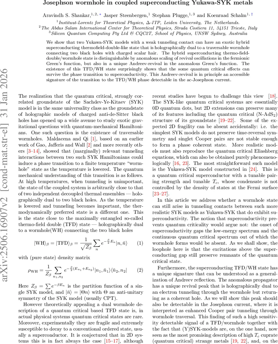 Josephson wormhole in coupled superconducting Yukawa-SYK metals