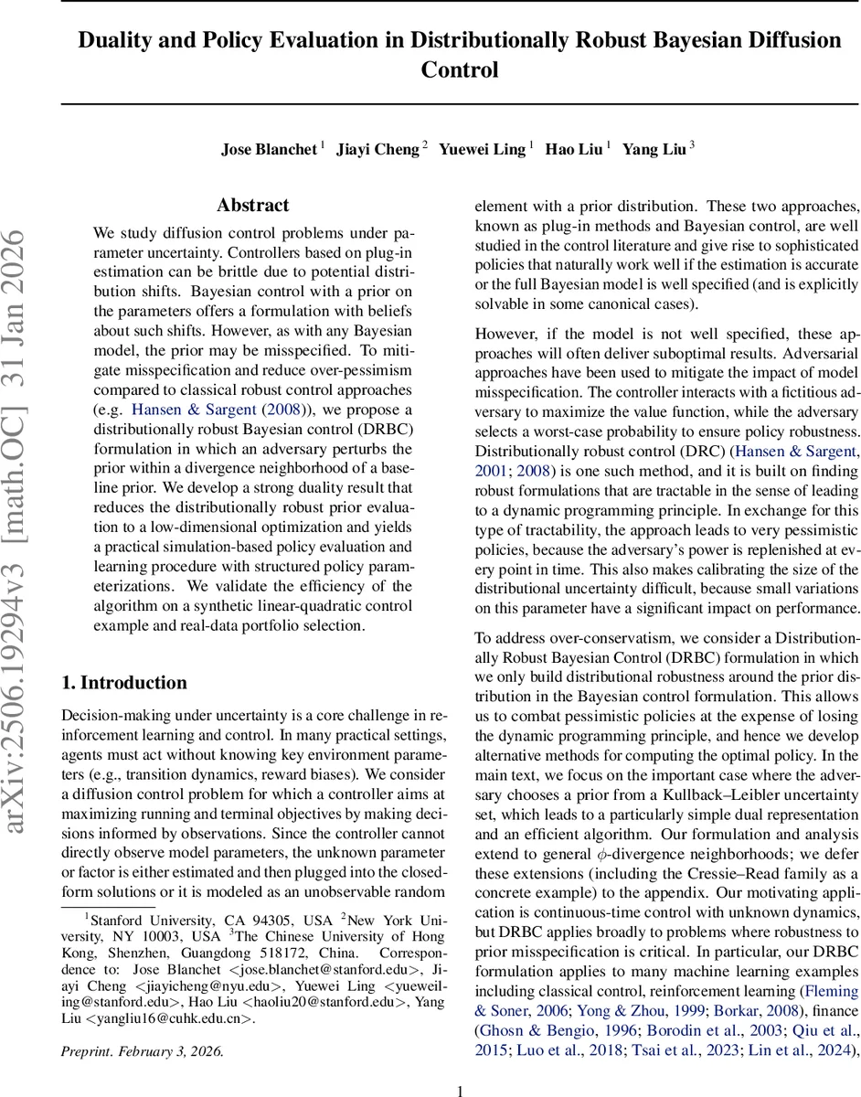 Duality and Policy Evaluation in Distributionally Robust Bayesian Diffusion Control