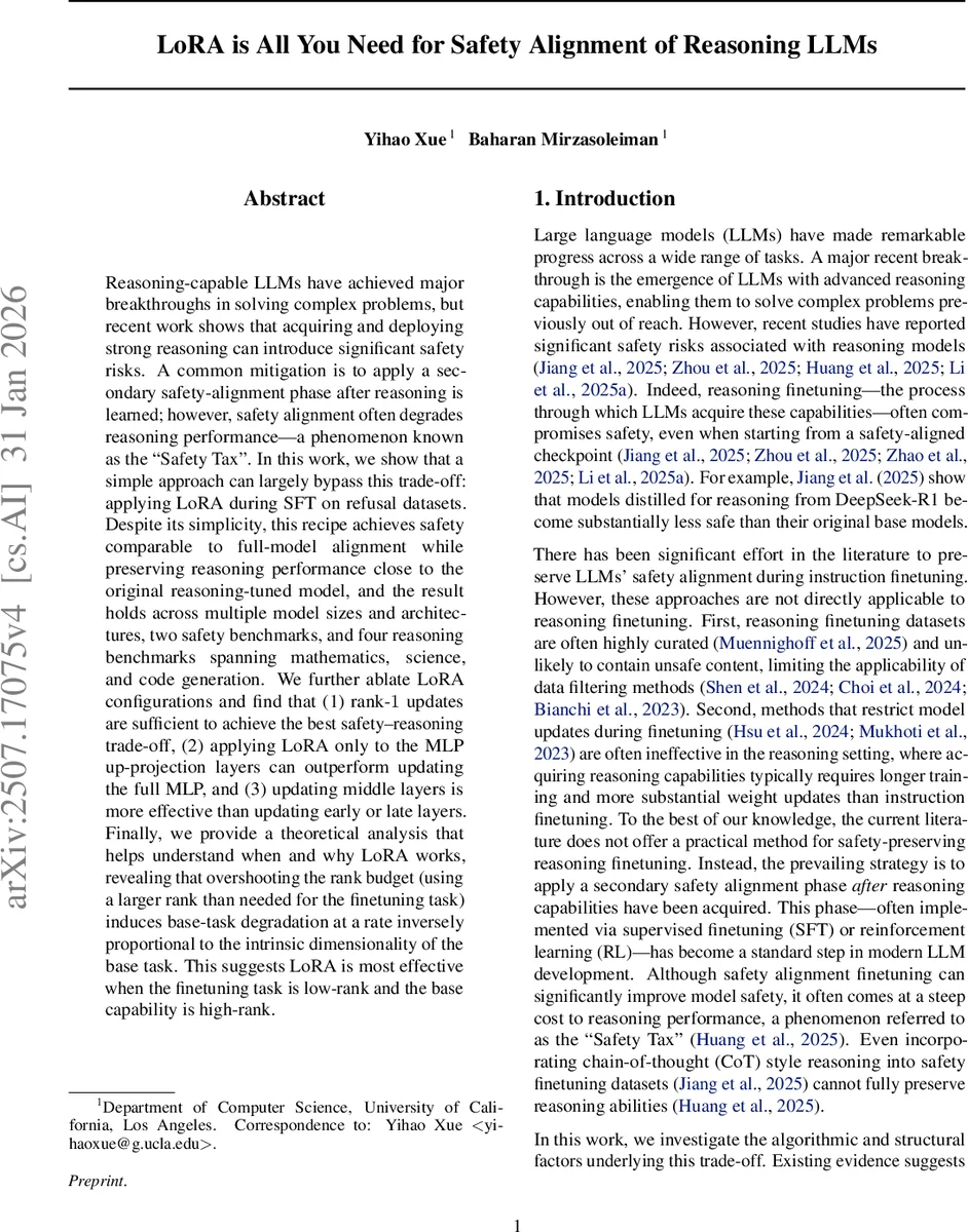 LoRA is All You Need for Safety Alignment of Reasoning LLMs