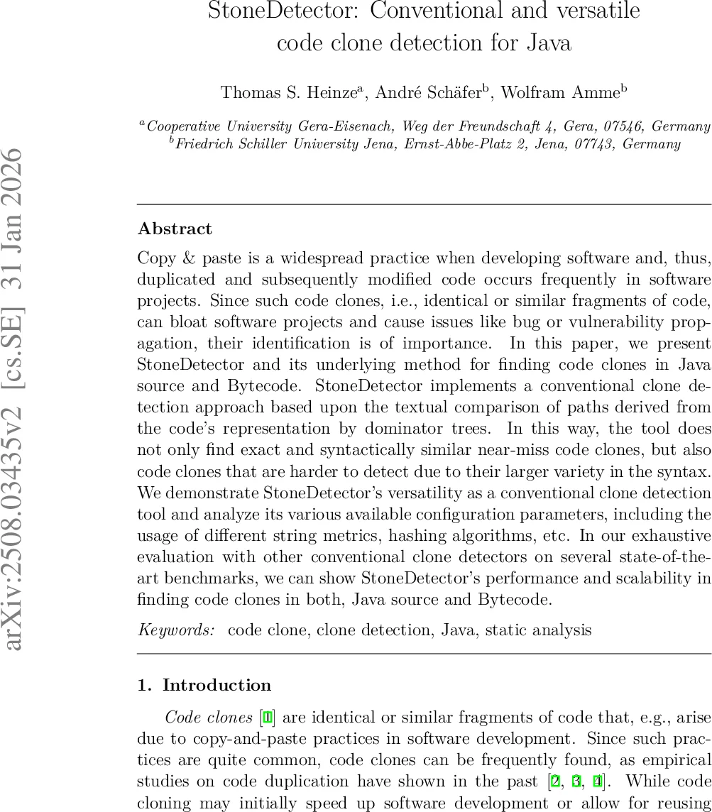StoneDetector: Conventional and versatile code clone detection for Java