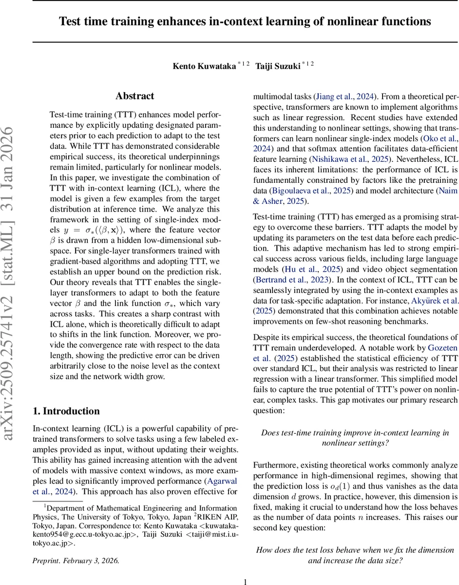 Test time training enhances in-context learning of nonlinear functions