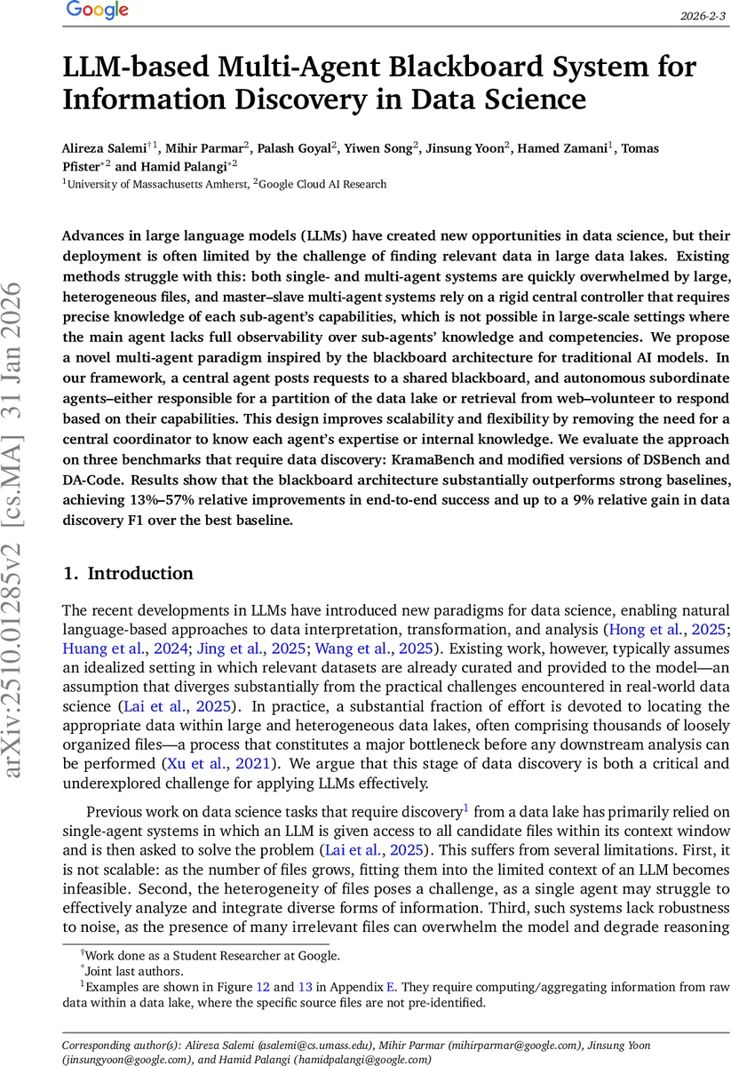 LLM-Based Multi-Agent Blackboard System for Information Discovery in Data Science