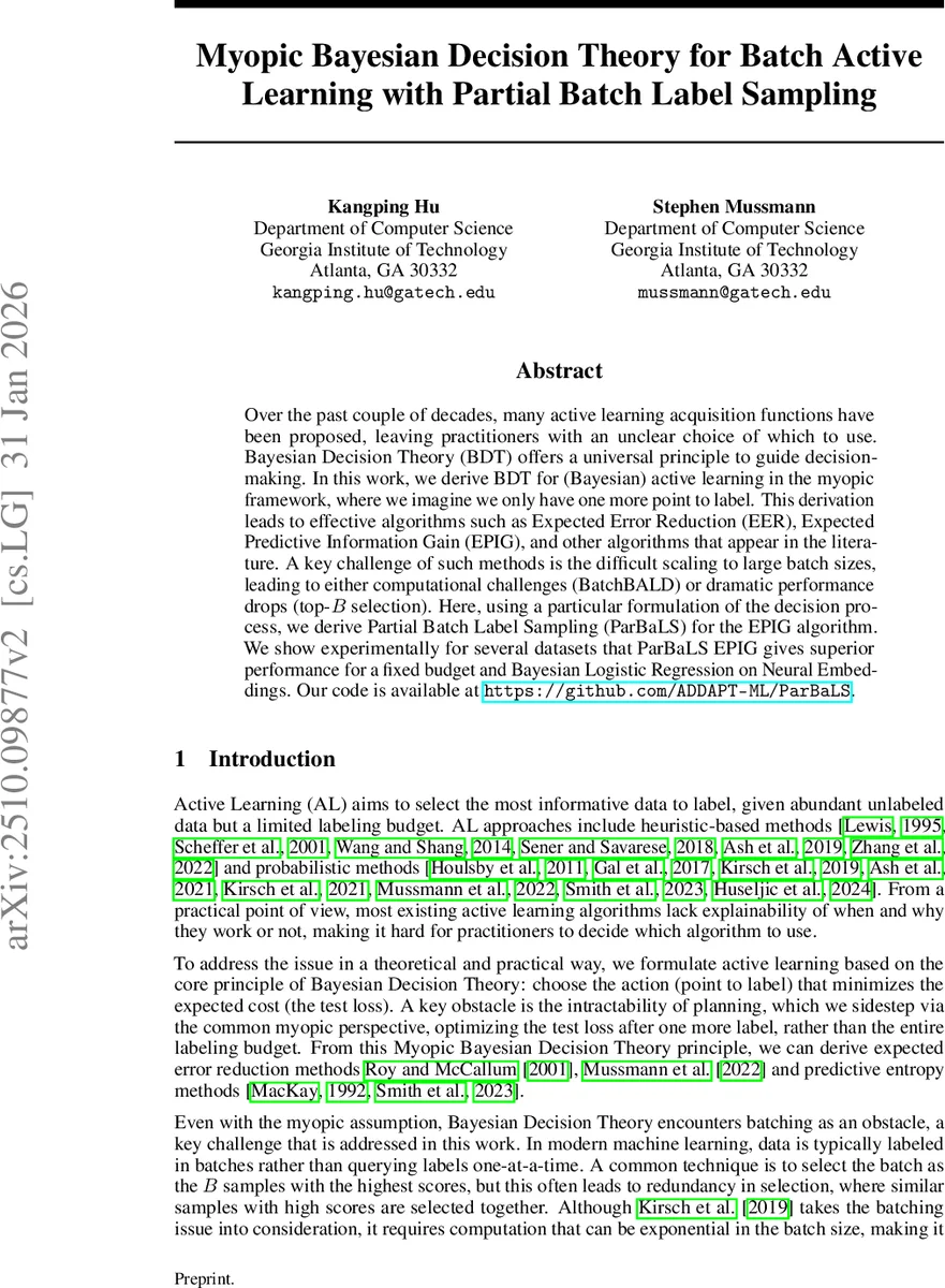 Myopic Bayesian Decision Theory for Batch Active Learning with Partial Batch Label Sampling