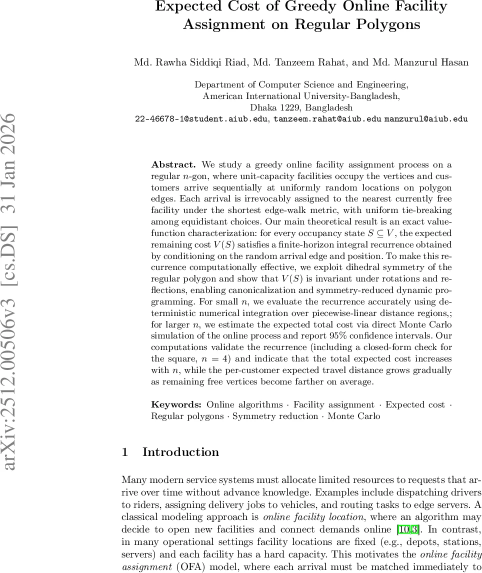 Expected Cost of Greedy Online Facility Assignment on Regular Polygons (v3)