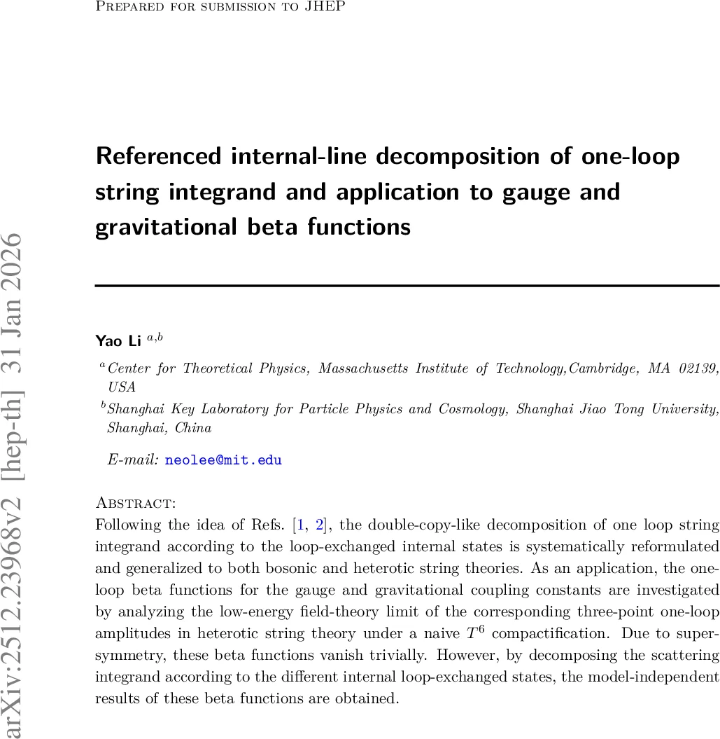 Referenced internal-line decomposition of one-loop string integrand and application to gauge and gravitational beta functions