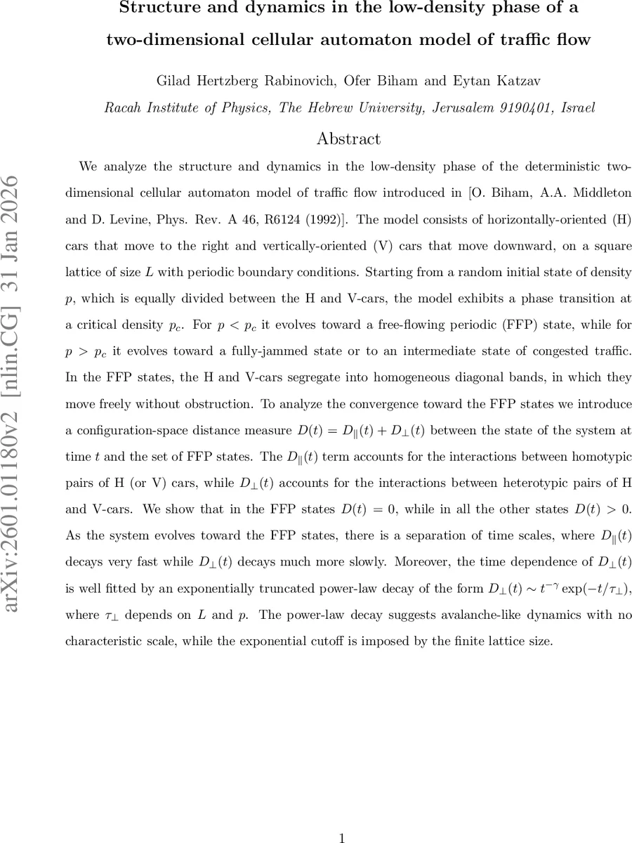 Structure and dynamics in the low-density phase of a two-dimensional cellular automaton model of traffic flow