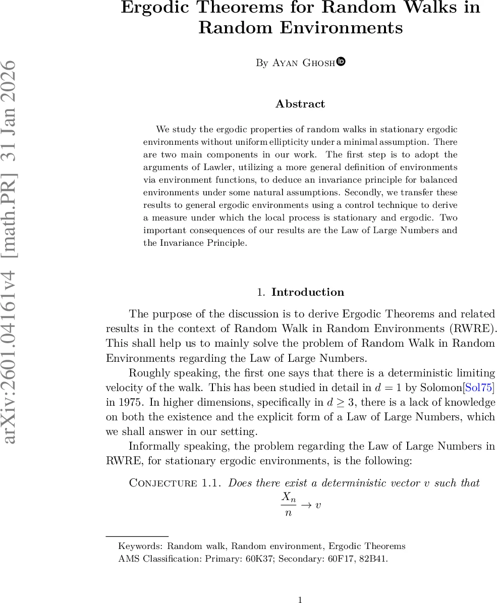 Ergodic Theorems for Random Walks in Random Environments