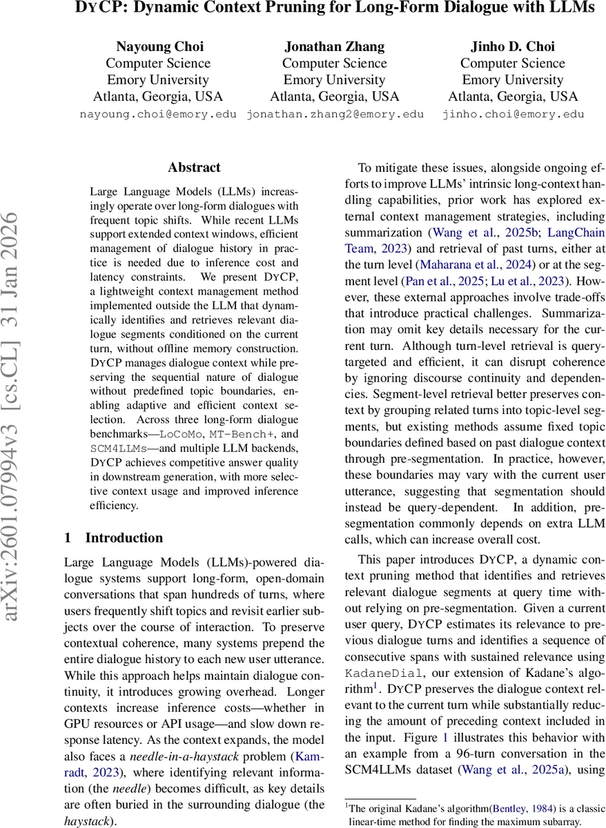 DYCP: Dynamic Context Pruning for Long-Form Dialogue with LLMs