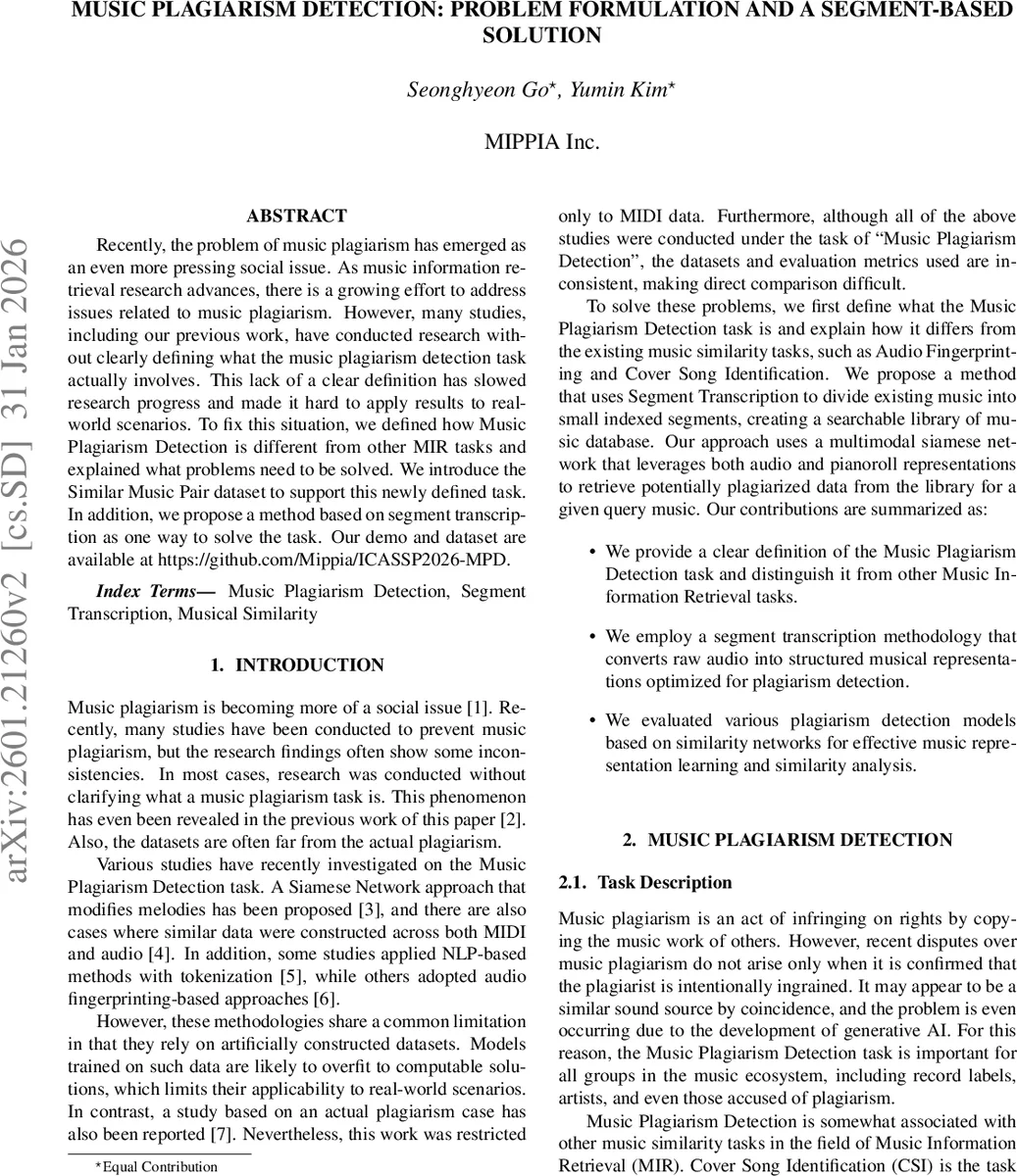 Music Plagiarism Detection: Problem Formulation and a Segment-based Solution