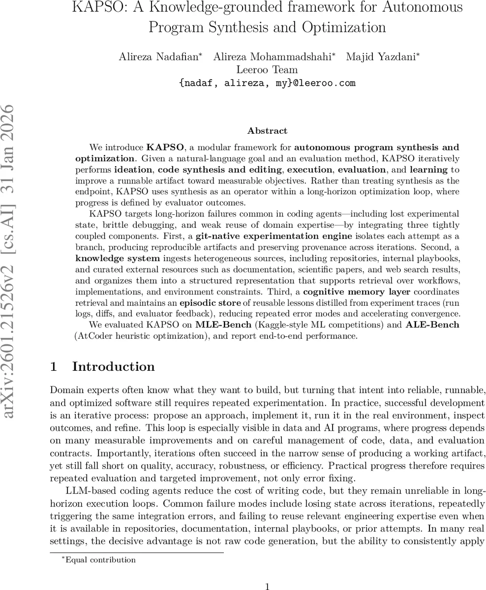 KAPSO: A Knowledge-grounded framework for Autonomous Program Synthesis and Optimization
