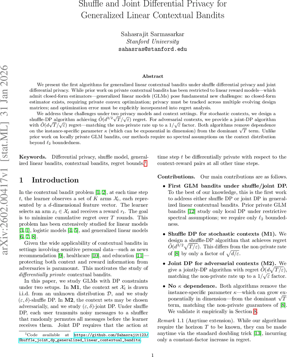 Shuffle and Joint Differential Privacy for Generalized Linear Contextual Bandits