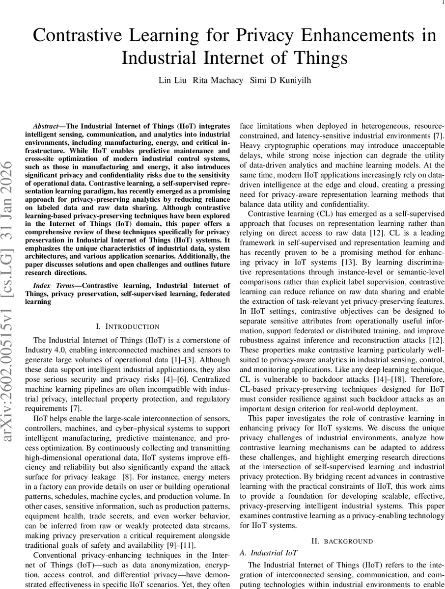 Contrastive Learning for Privacy Enhancements in Industrial Internet of Things