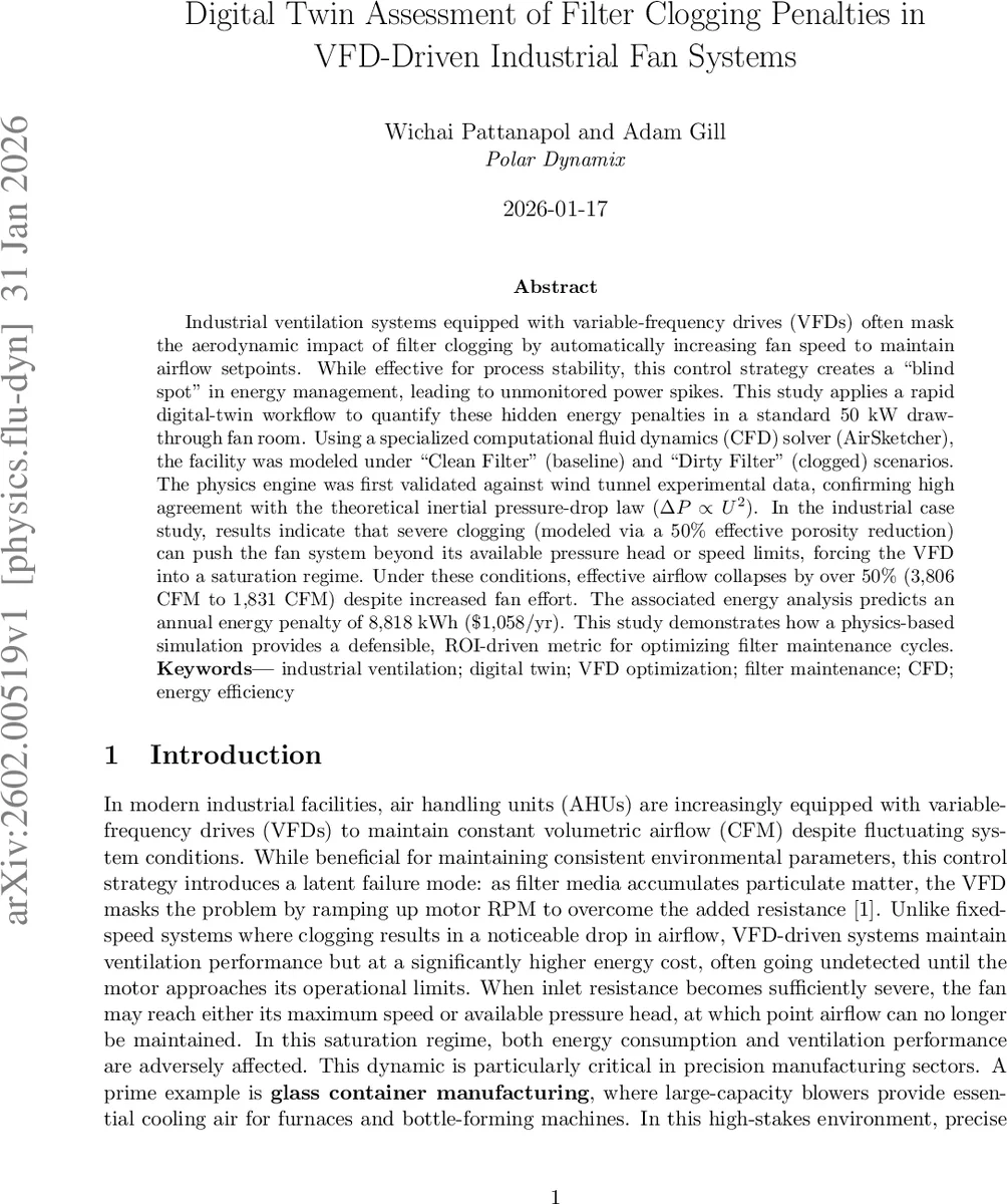 Digital Twin Assessment of Filter Clogging Penalties in VFD-Driven Industrial Fan Systems