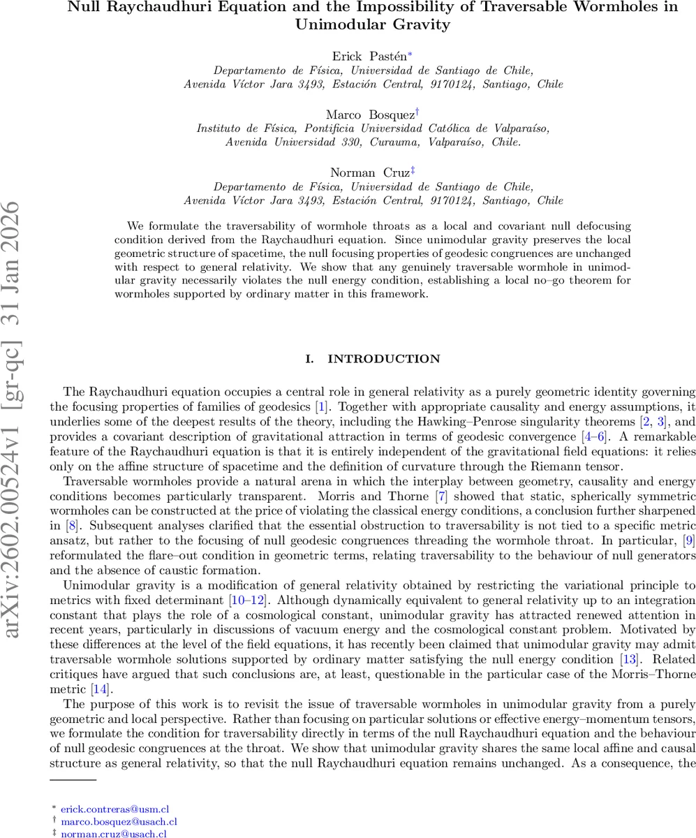 Null Raychaudhuri Equation and the Impossibility of Traversable Wormholes in Unimodular Gravity