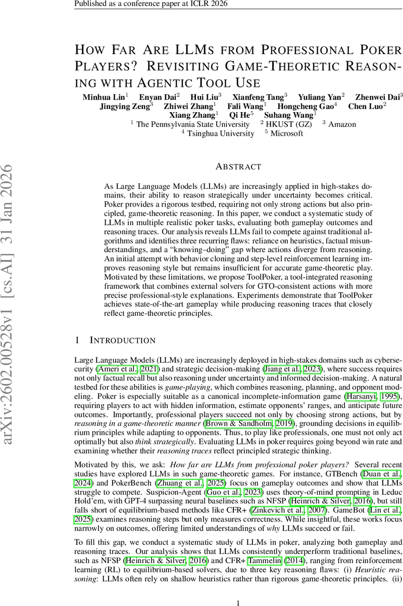How Far Are LLMs from Professional Poker Players? Revisiting Game-Theoretic Reasoning with Agentic Tool Use