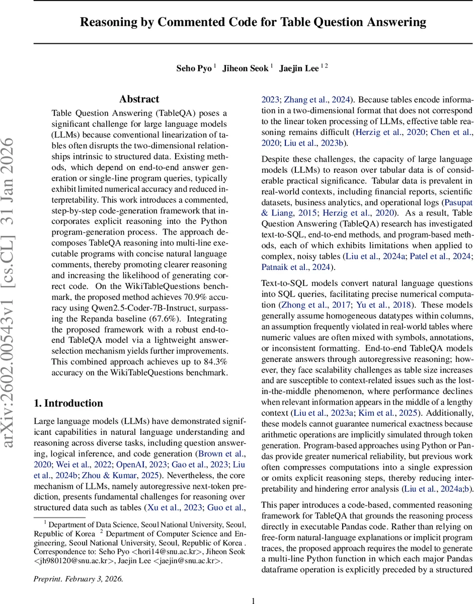 Reasoning by Commented Code for Table Question Answering